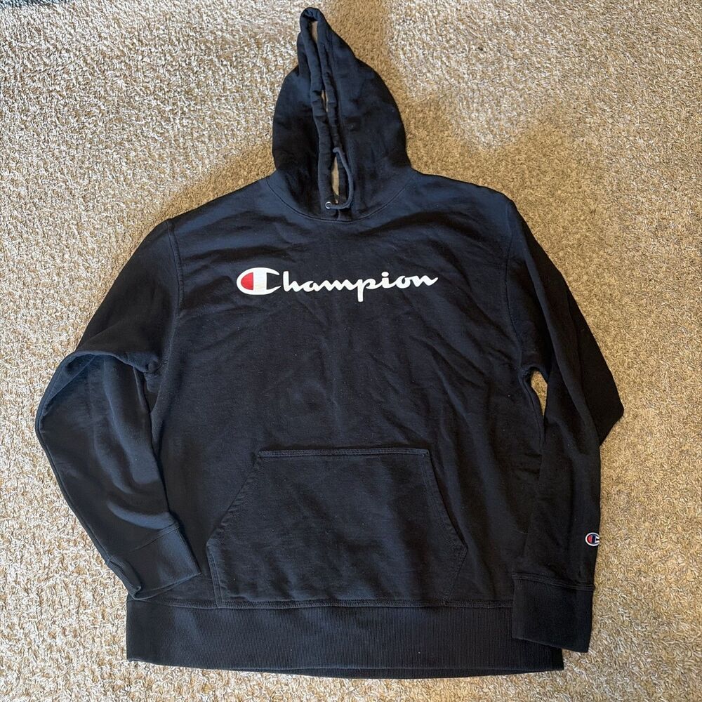 Champion Powerblend Men's Hoodie, Script Logo - Black, XL (GF89H)